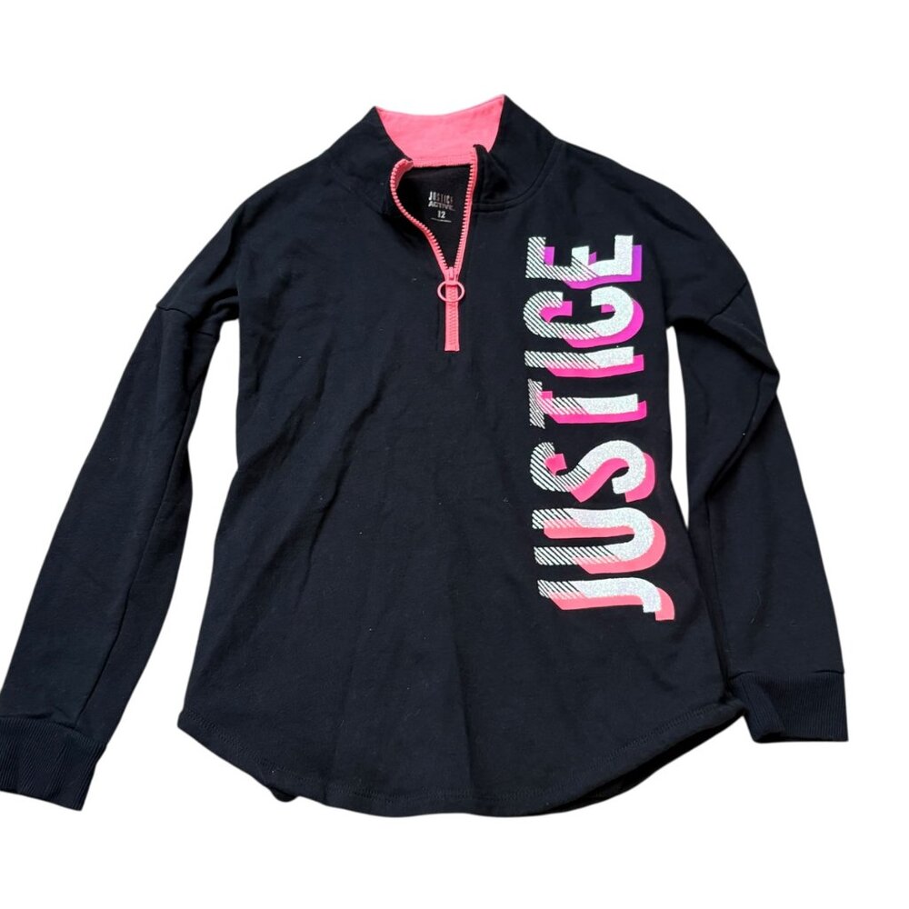 Justice Active Girls Long Sleeve Half-Zip Pullover Top Size 12 Black & Pink